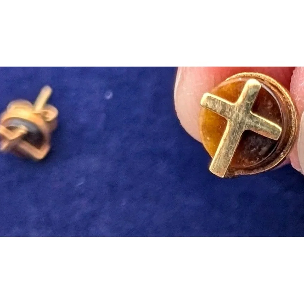Vintage Israel 12K Gold Filled Stud Earrings Cross Tigers Eye Stone Gold Tone